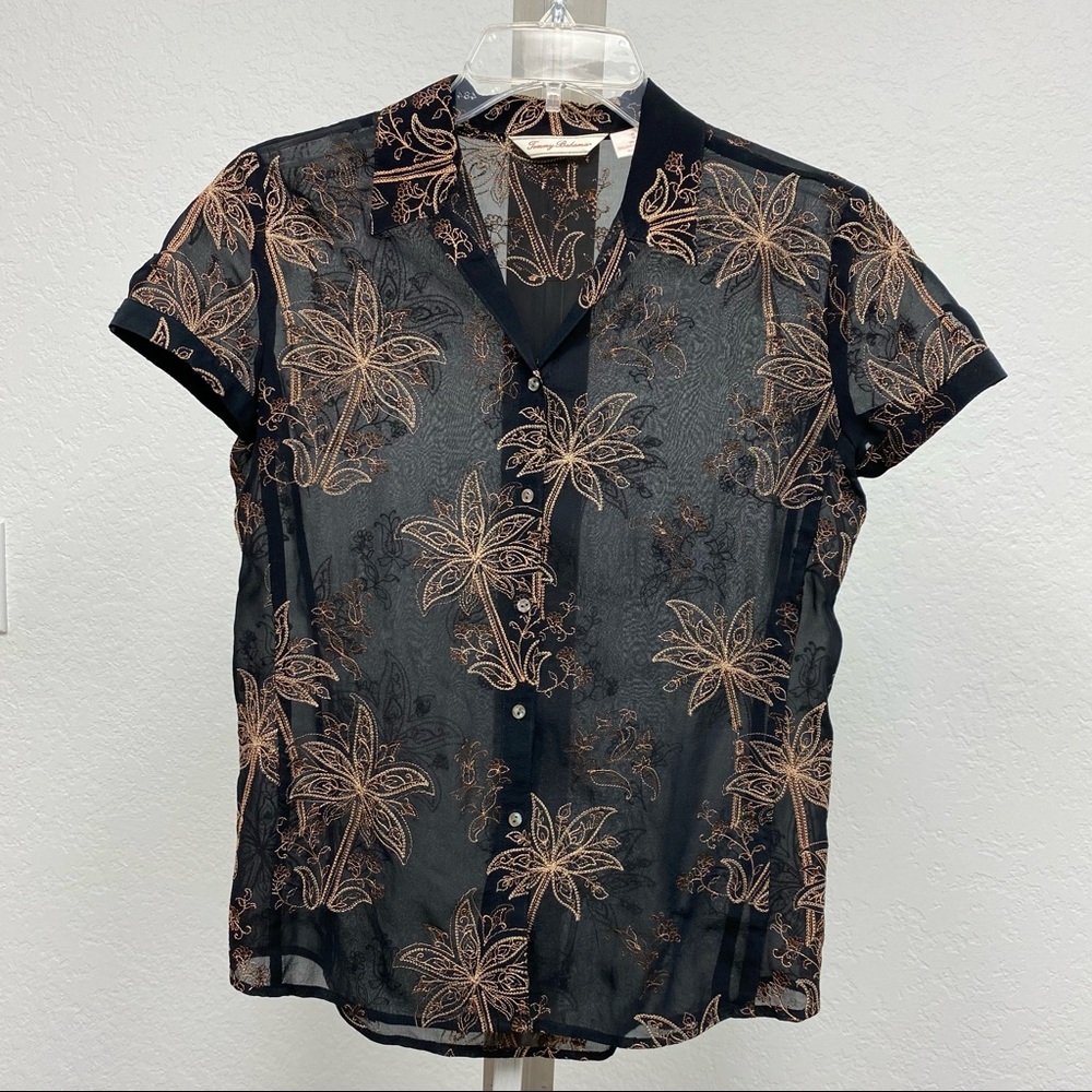 Tommy Bahama embroidered sheer silk womens cap sleeve top shirt Black size XS